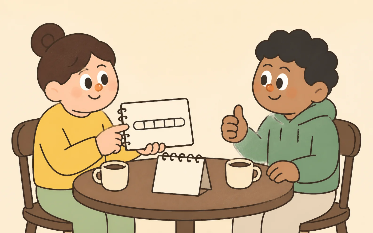 Two friends reviewing goal progress together over coffee