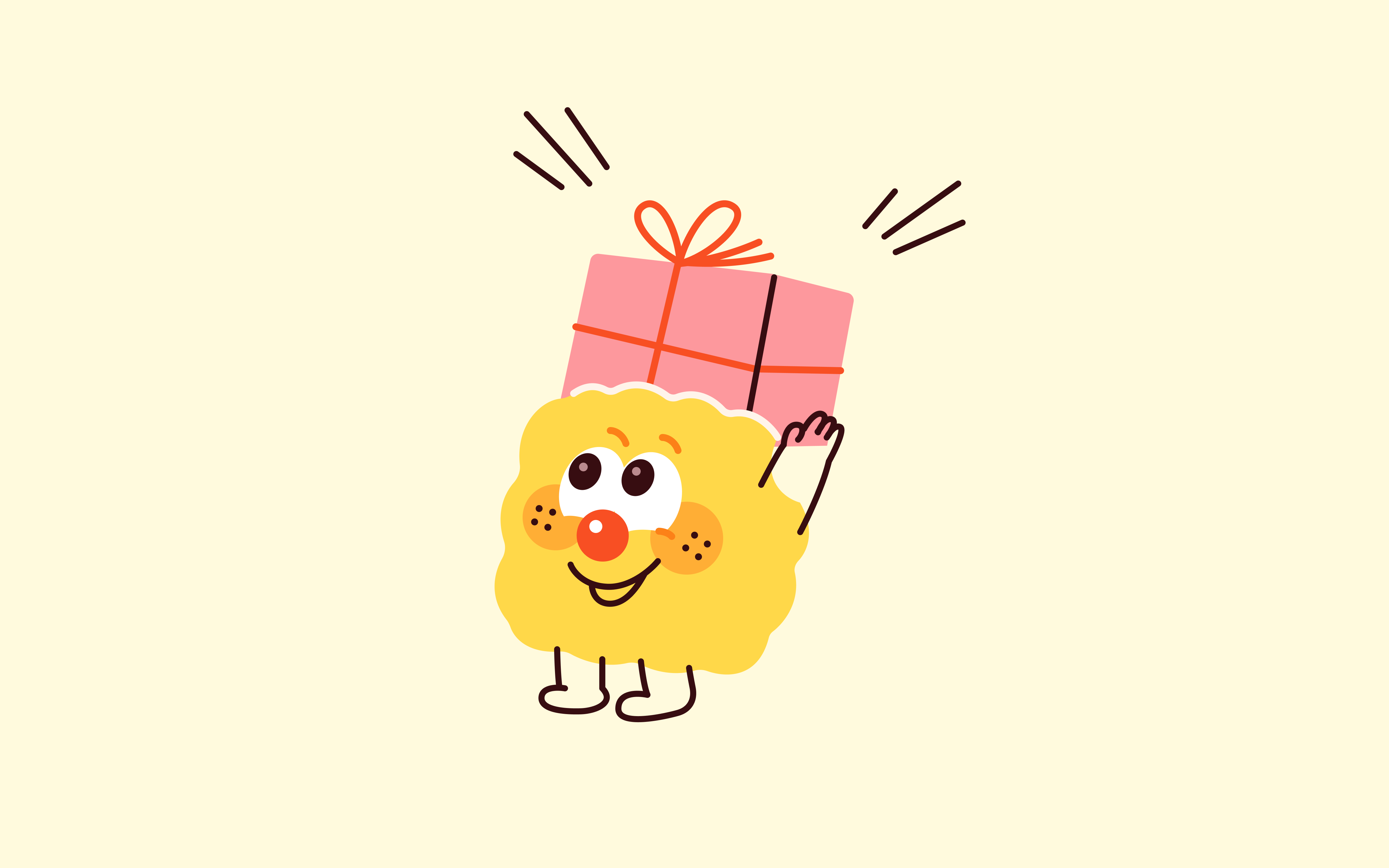 Cookie holding a wrapped gift overhead in celebration