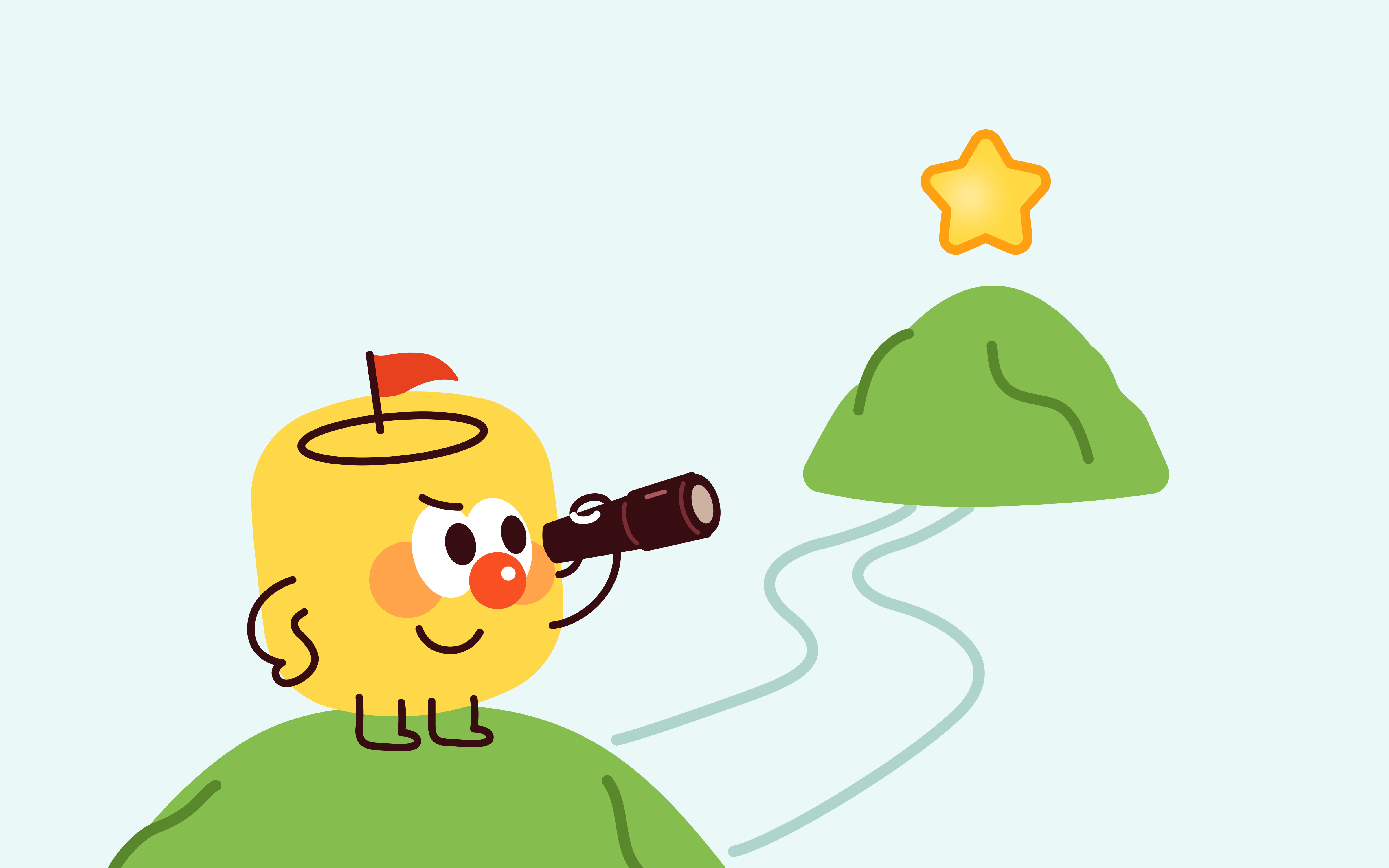Candy looking through a telescope toward a star over a green hill