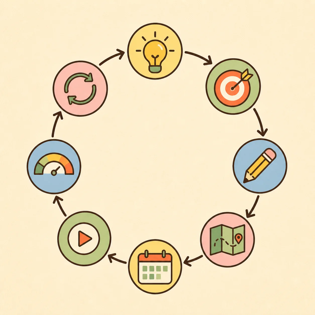 The eight goal-setting steps as a closed loop of icons