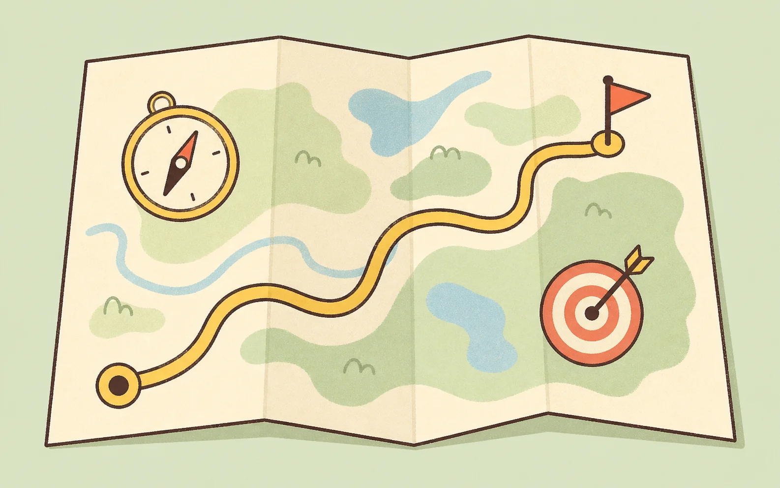 A paper map with a highlighted route from start to finish, flanked by a target and a compass