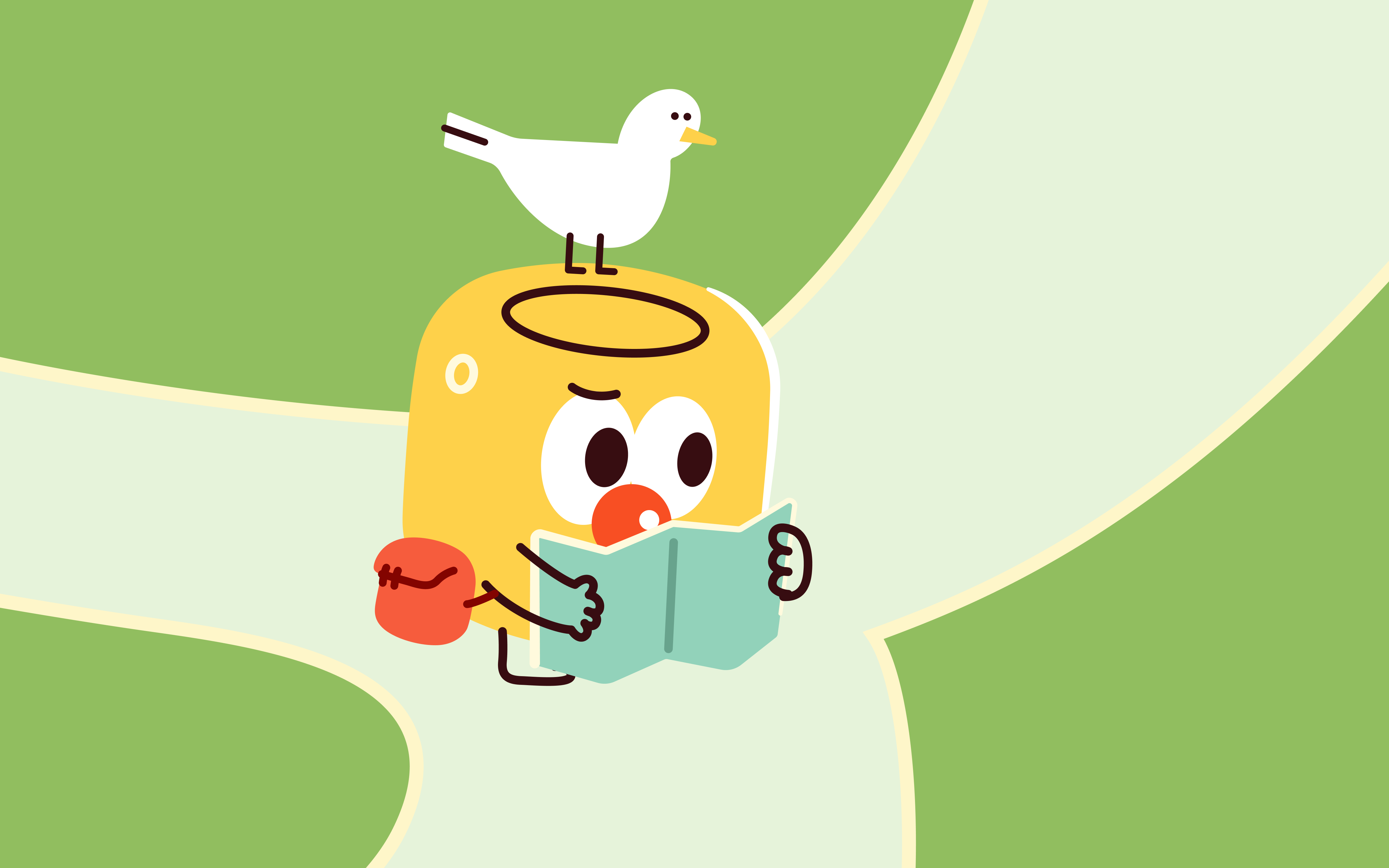 Candy reading a map at a fork in the road with a seagull on its lid