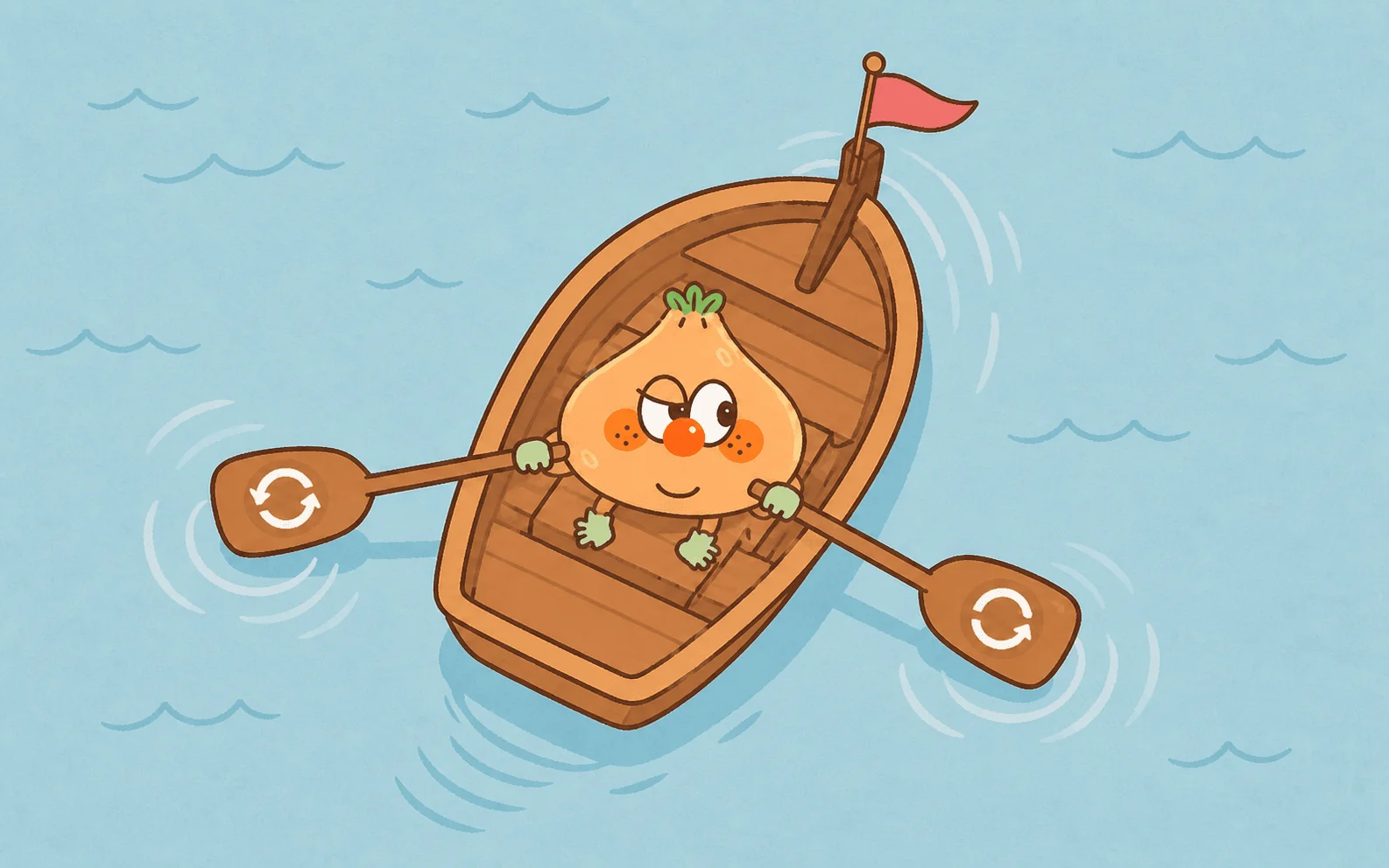 Rick rowing a boat: the flag on the rudder sets the direction, the oars push it forward