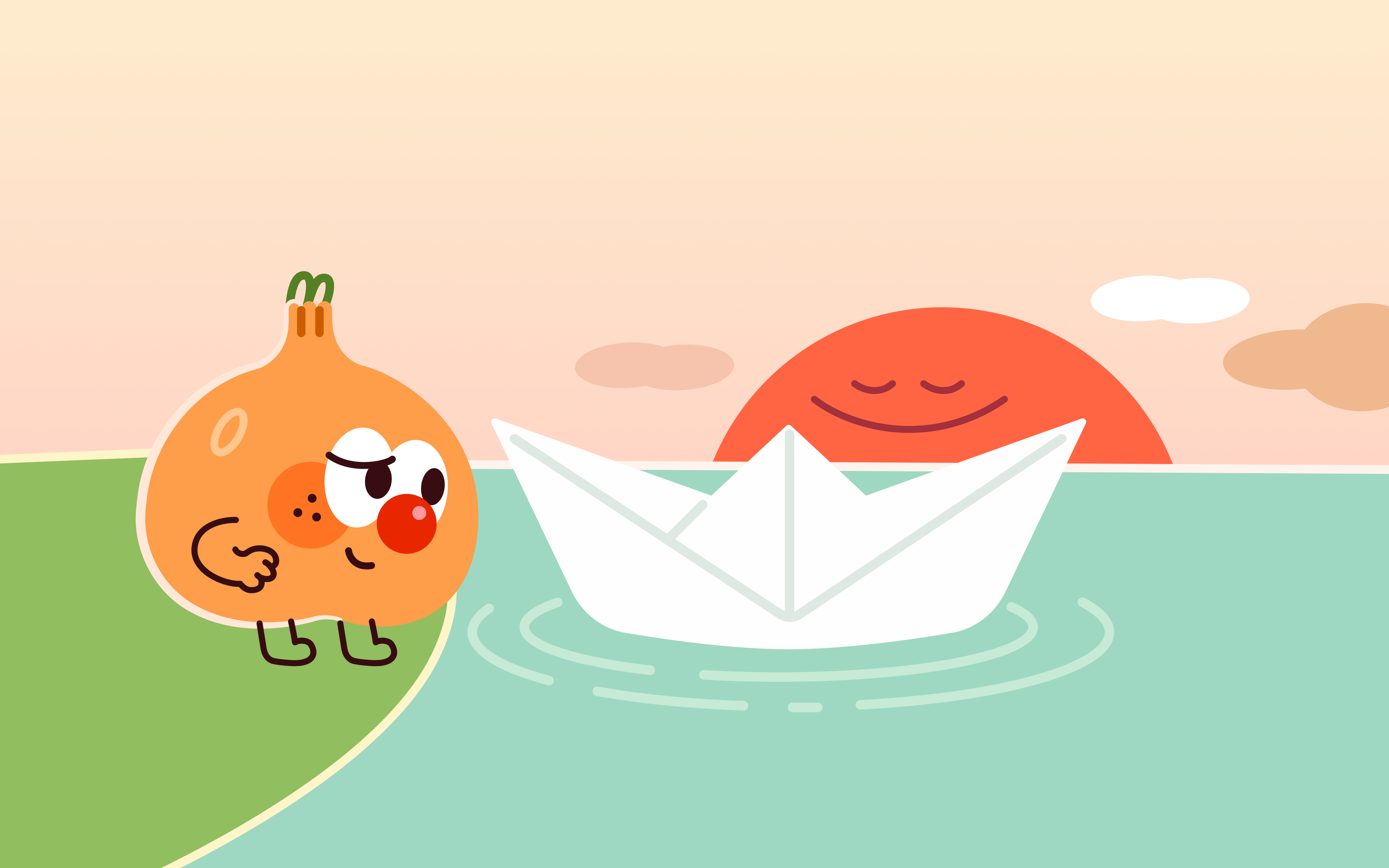 Rick watching a paper boat drift on calm water at sunset
