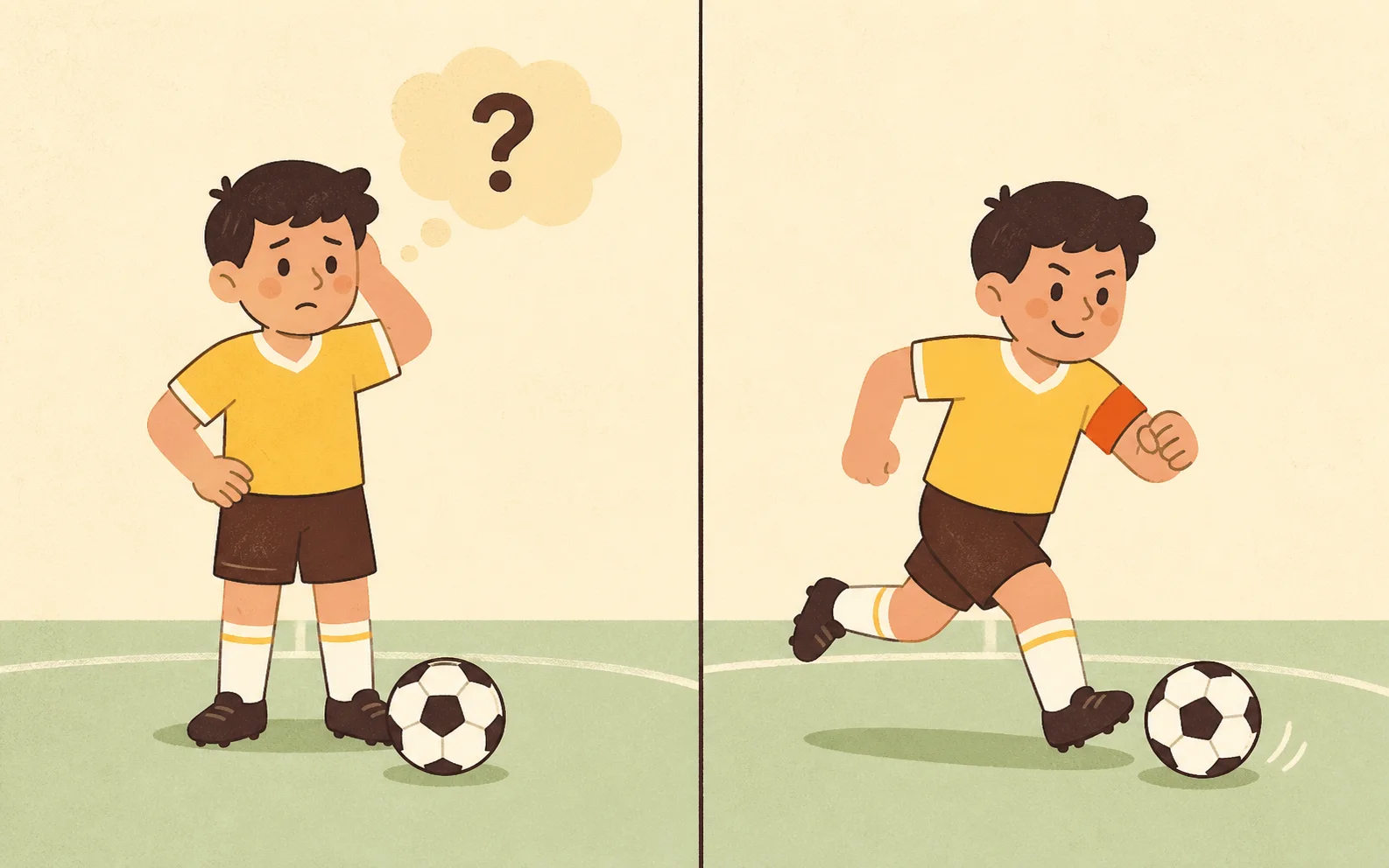A soccer player moving from a vague wish to a specific goal, shown by the captain armband