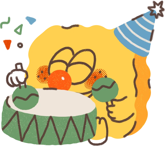 Cookie celebrating with drum and party hat